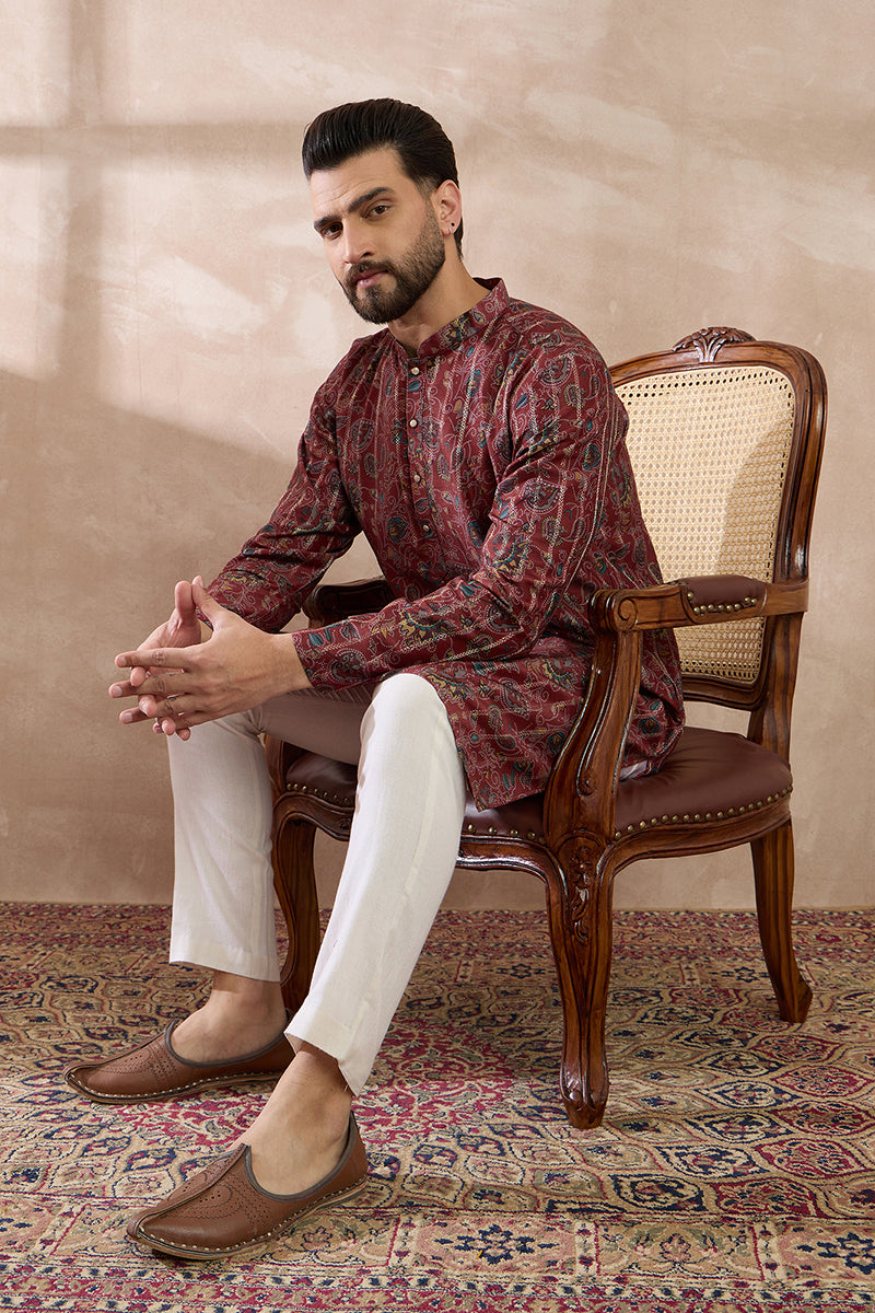 Maroon Silk Blend Printed Mandarin Collar Straight Kurta MKU2025