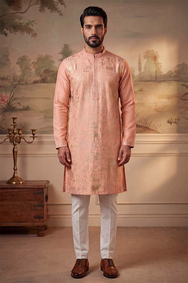 Peach Viscose Rayon Solid Embroidered Kurta With Trousers MKSET2092