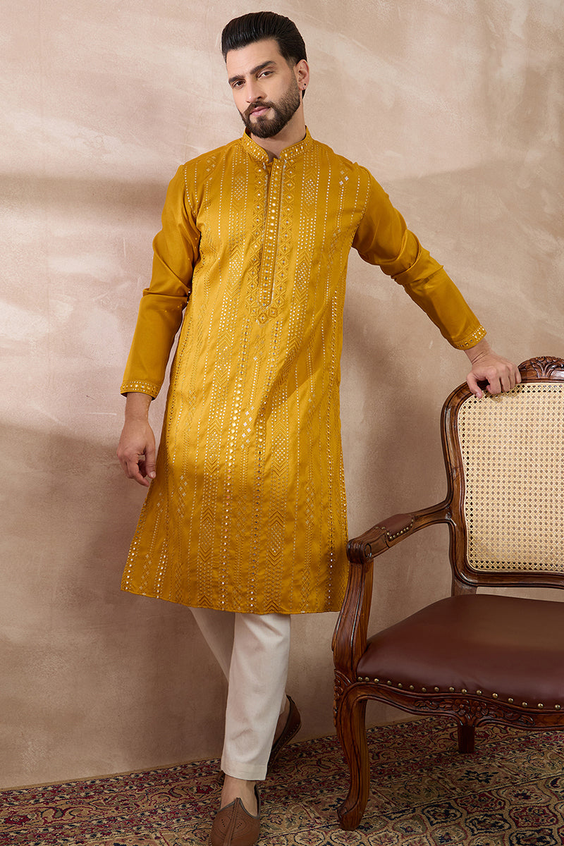 Mustard Silk Blend Embroidered Indian Wear for Men MKSET1888 | DesiQlo