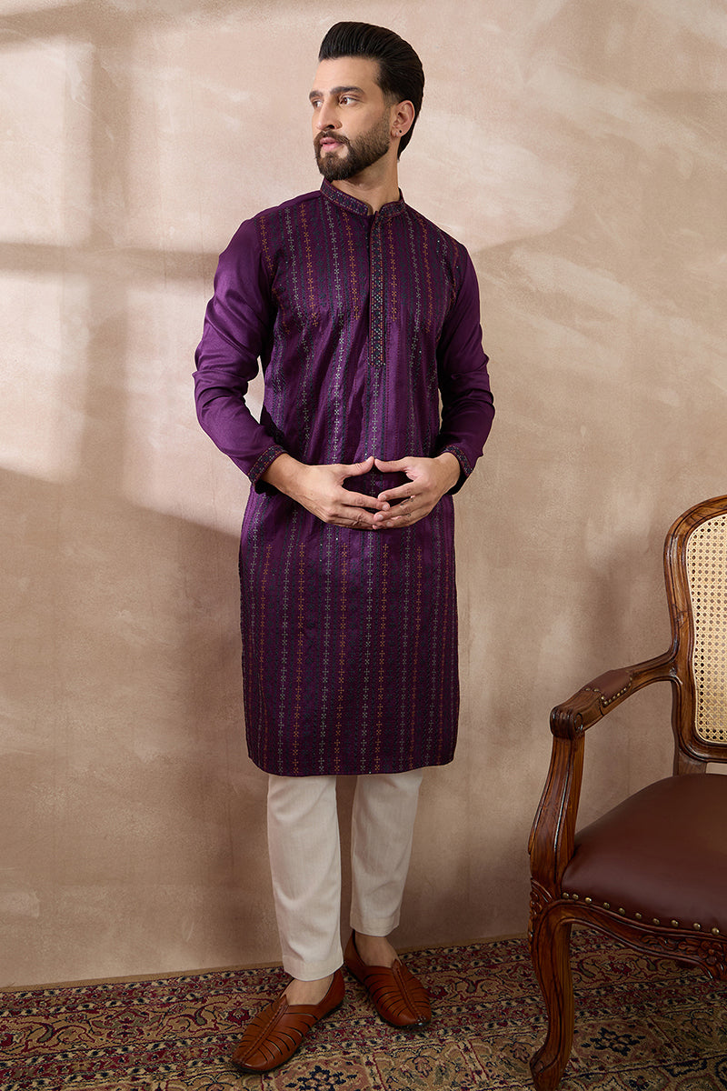Purple Silk Blend Embroidered Mandarin Collar Straight Kurta MKU2038