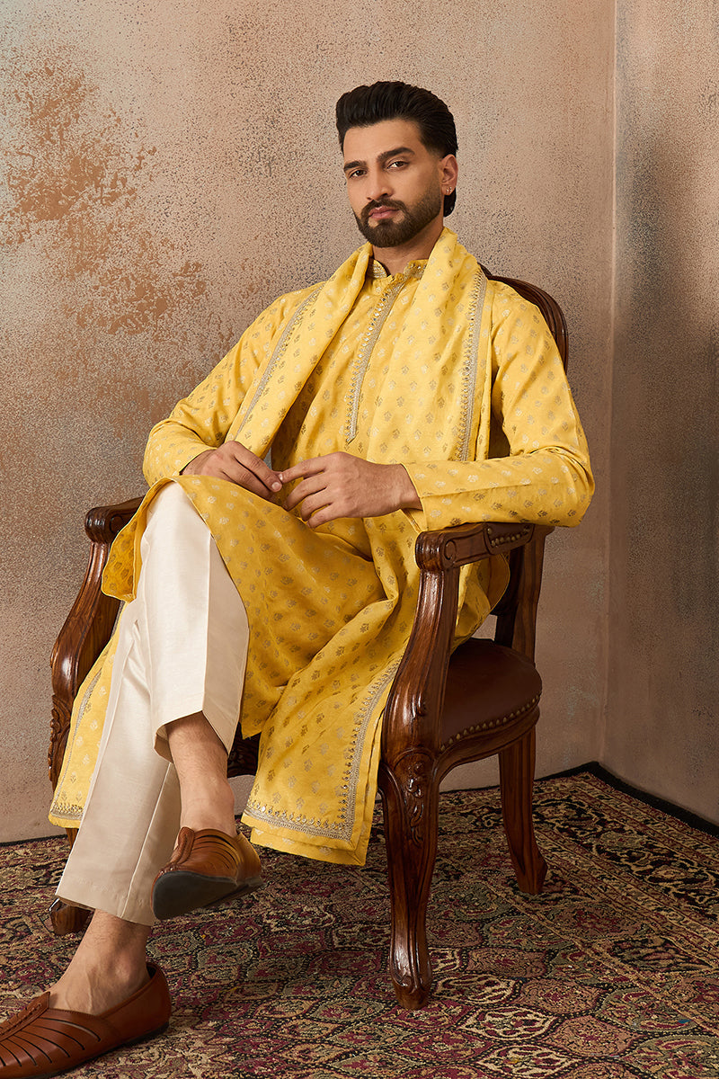 Yellow Jacquard Woven Design Floral Straight Kurta Sets MKPD1016