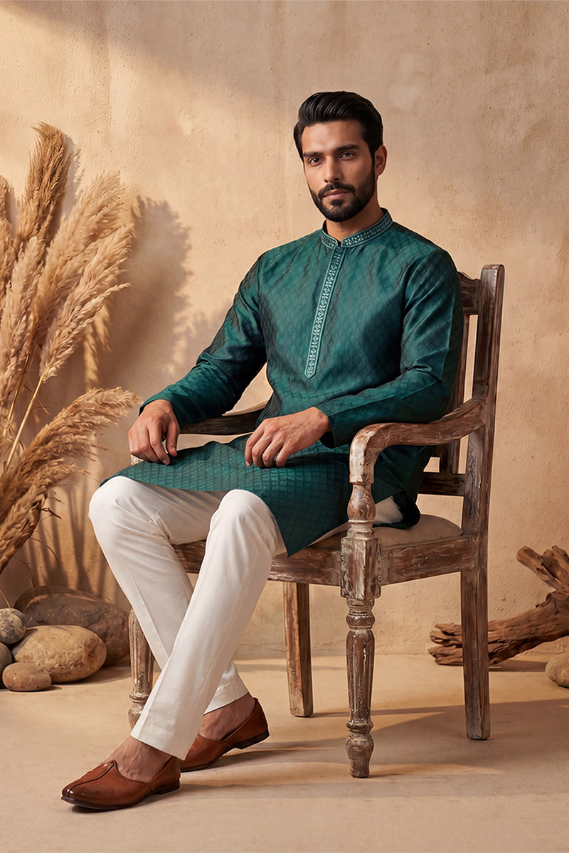 Teal Silk Blend Woven Design Straight Kurta MKU1838