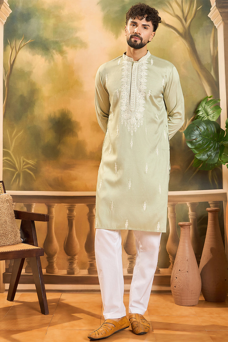 Green Silk Blend Solid Embroidered Straight Kurta MKU1492