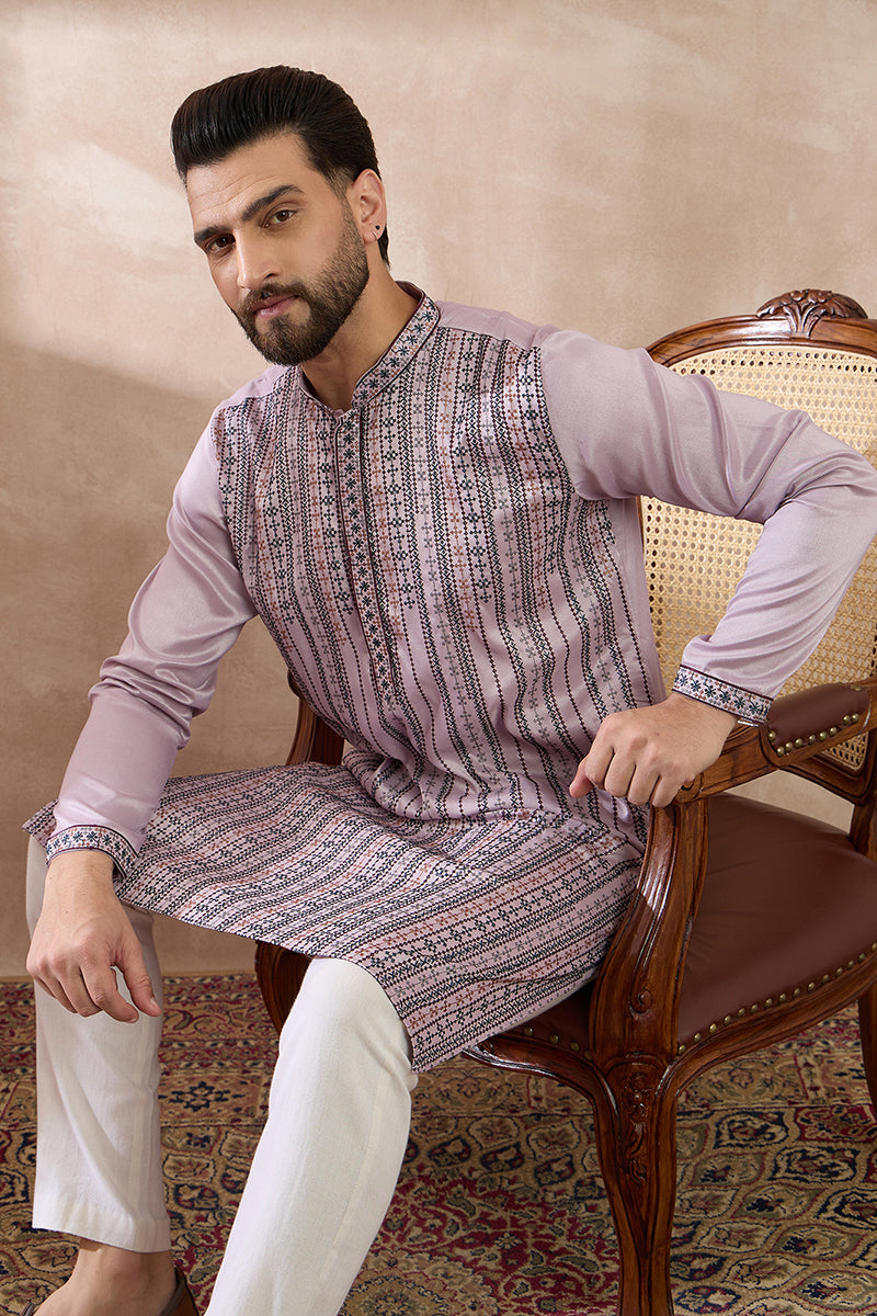 Lavender Silk Blend Embroidered Indian Wear for Men MKSET2041 | DesiQl