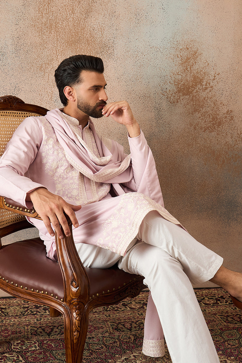 Lavender Silk Blend Solid Embroidered Kurta Trouser With Dupatta MKPD1038