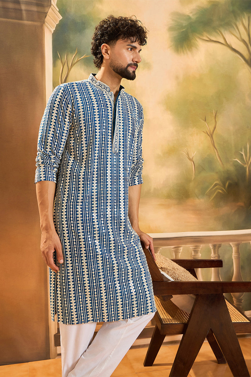 Blue Viscose Rayon Embroidered Straight Kurta MKU1412