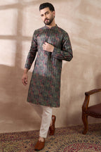 Black Silk Blend Printed Mandarin Collar Straight Kurta With Trouser MKSET2097
