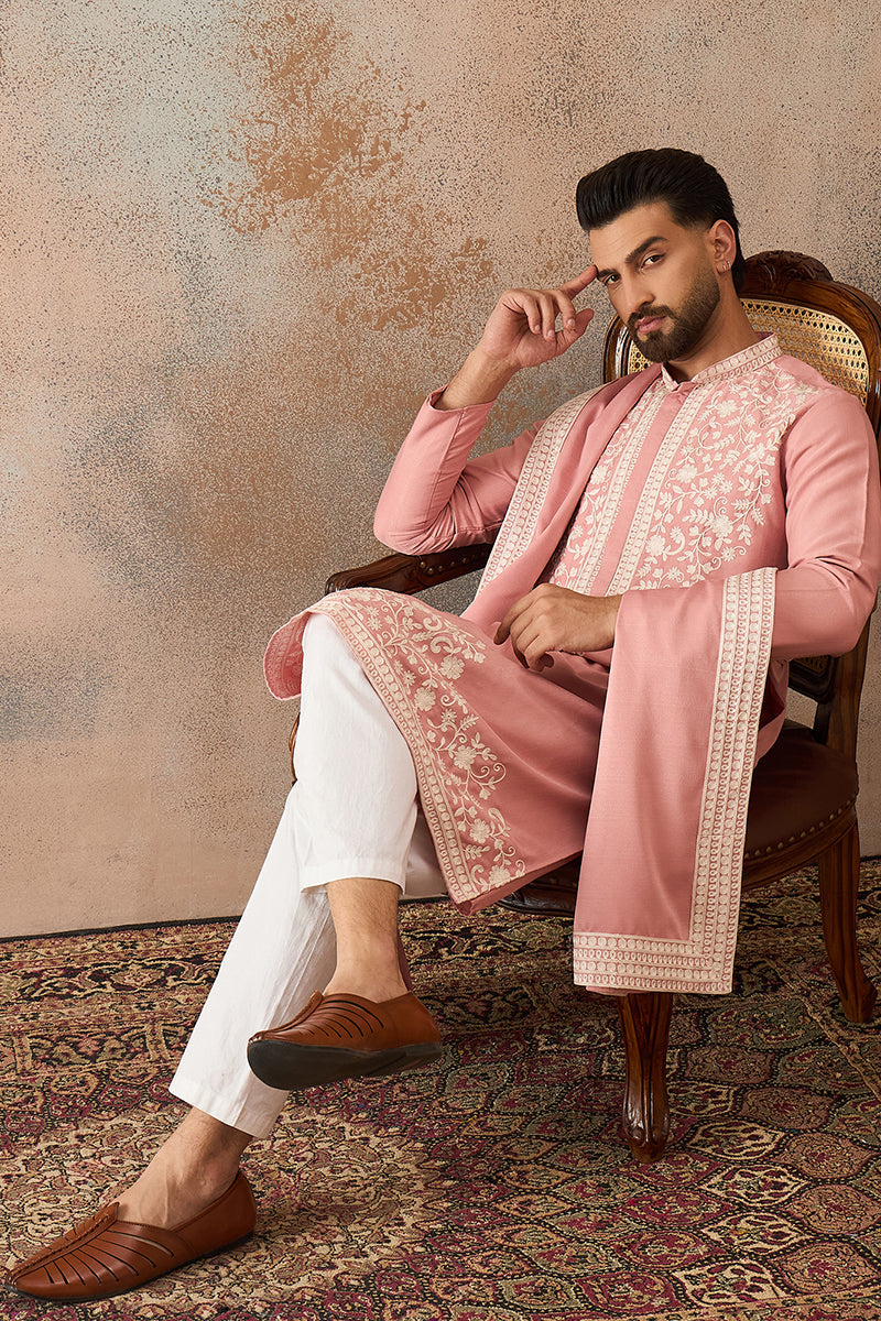Peach Silk Blend Solid Embroidered Kurta With Dupatta MKUD1041