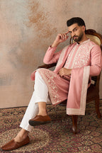 Peach Silk Blend Solid Embroidered Kurta With Dupatta MKUD1041