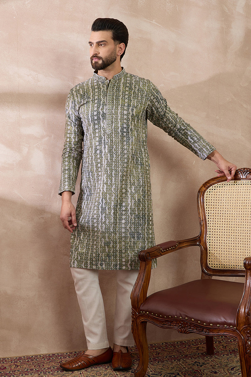 Green Silk Blend Printed Mandarin Collar Straight Kurta MKU1661