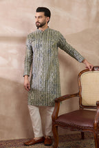 Green Silk Blend Printed Mandarin Collar Straight Kurta MKU1661
