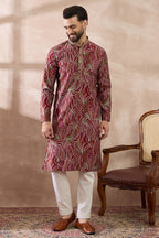Red Silk Blend Printed Mandarin Collar Straight Kurta With Trouser MKSET1959