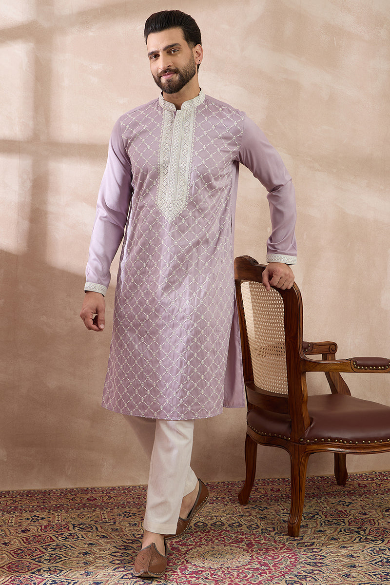 Lavender Silk Blend Embroidered Mandarin Collar Straight Kurta MKU1690