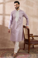 Lavender Silk Blend Embroidered Mandarin Collar Straight Kurta MKU1690