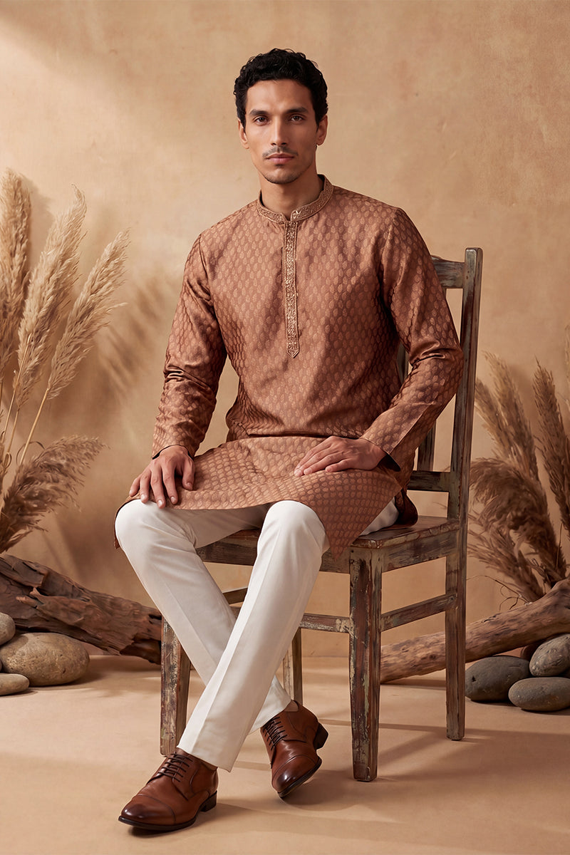 Brown Jacquard Woven Design Straight Kurta MKU2343