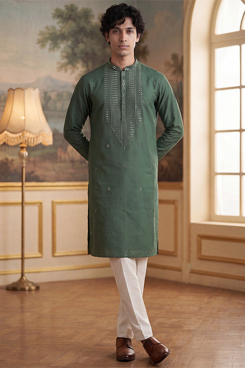 Green Silk Blend Solid Emboidered Sequins Kurta With Trouser MKSET2279