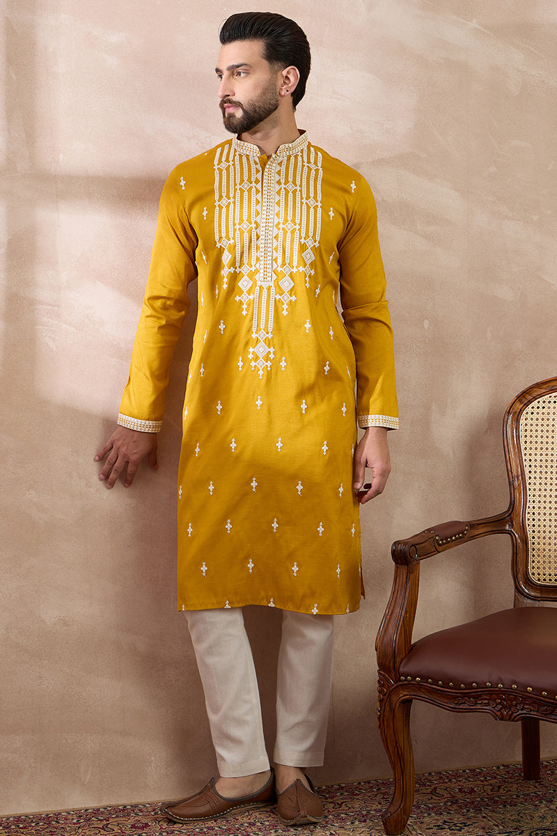 Yellow Silk Blend Embroidered Indian Wear for Men MKSET1786 | DesiQlo