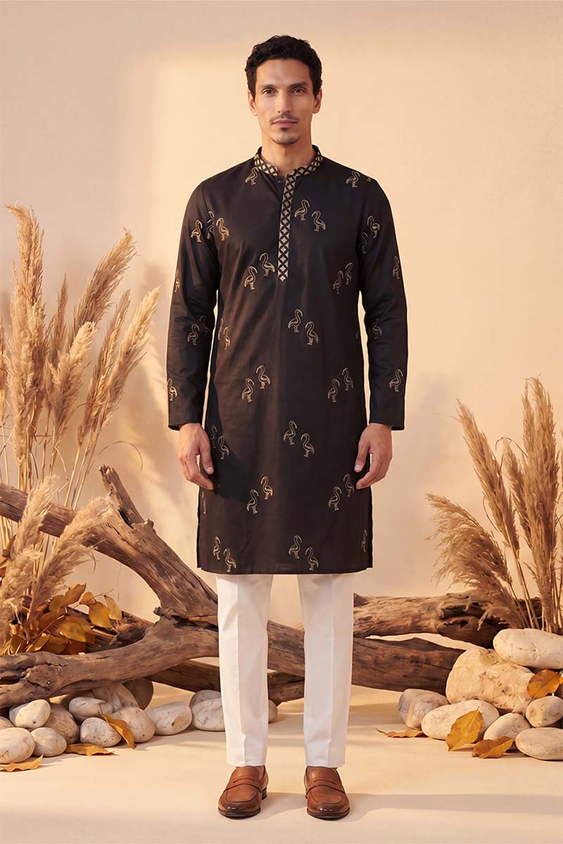 Black Silk Blend Solid Embroidered Kurta MKU1817