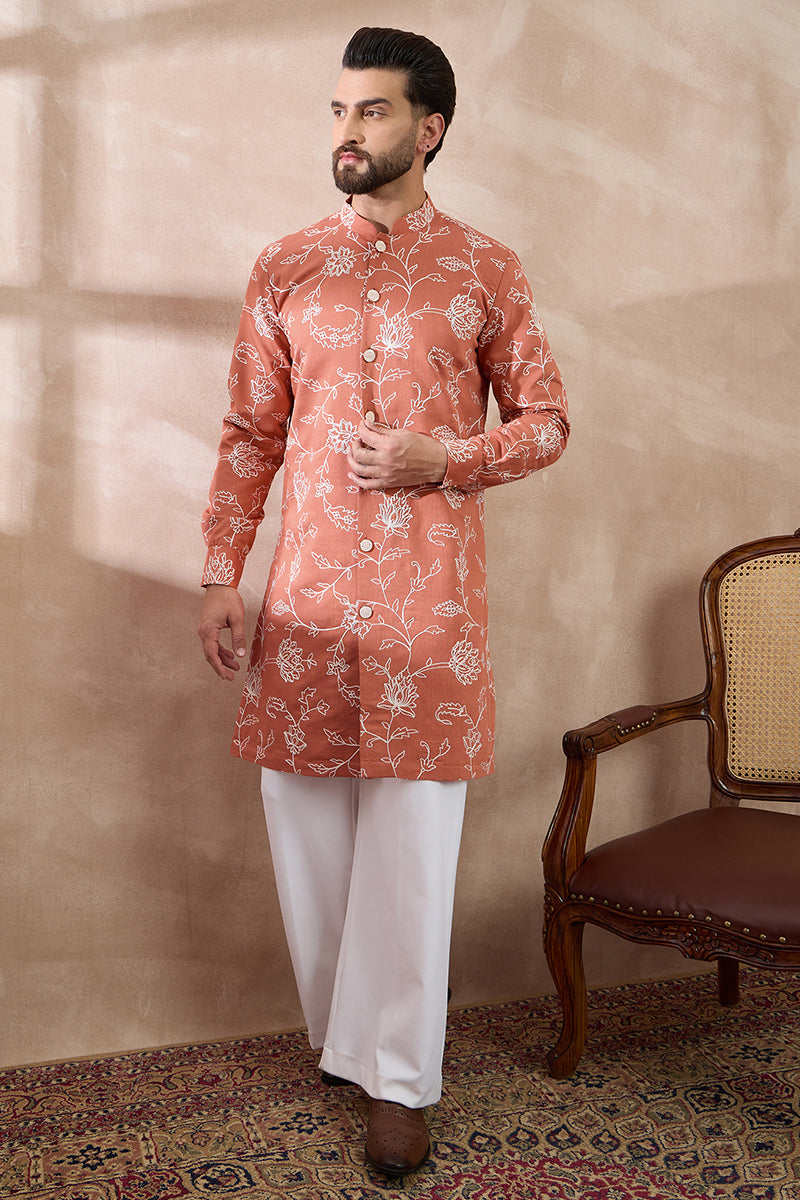 Peach Viscose Rayon Embroidered Mandarin Collar Straight Kurta With Trouser MKSET1989