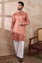 Peach Viscose Rayon Embroidered Mandarin Collar Straight Kurta With Trouser MKSET1989