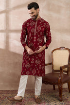 Red Silk Blend Printed Mandarin Collar Straight Kurta With Trouser MKSET1988