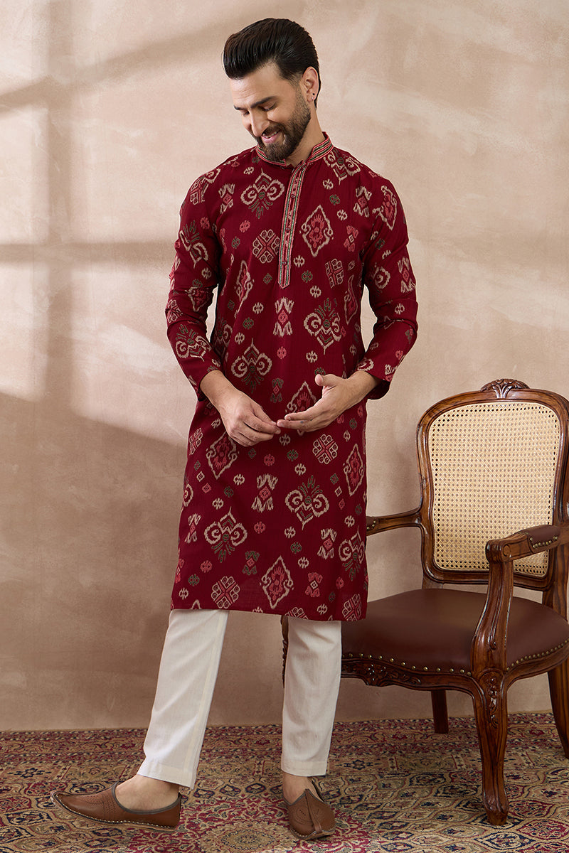 Red Silk Blend Printed Mandarin Collar Straight Kurta With Trouser MKSET1988