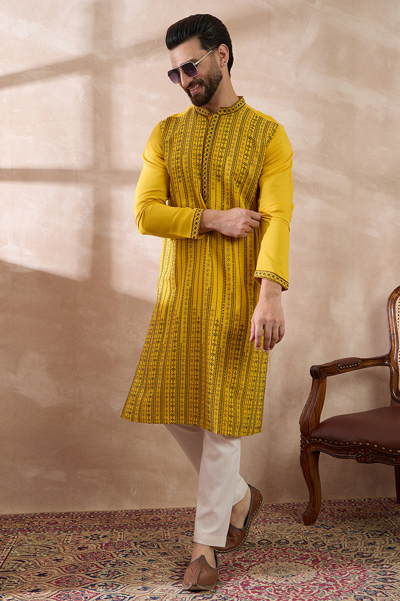 Yellow Silk Blend Embroidered Indian Wear for Men MKSET2039 | DesiQlo