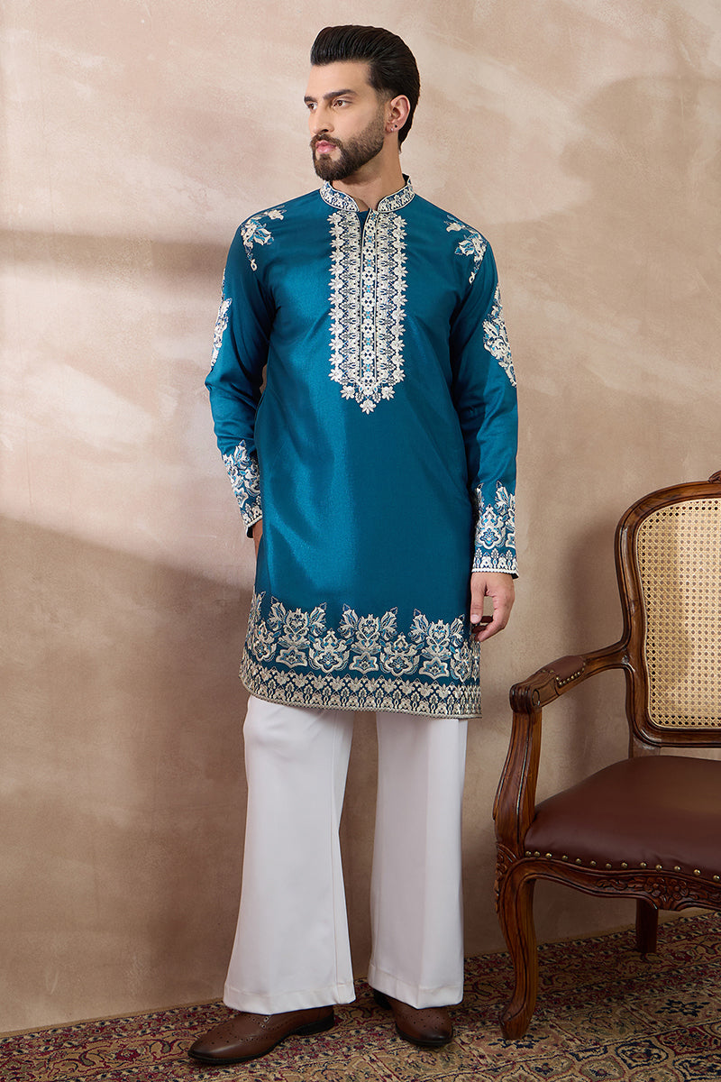 Blue Silk Blend Embroidered Mandarin Collar Straight Kurta With Trouser MKSET2017