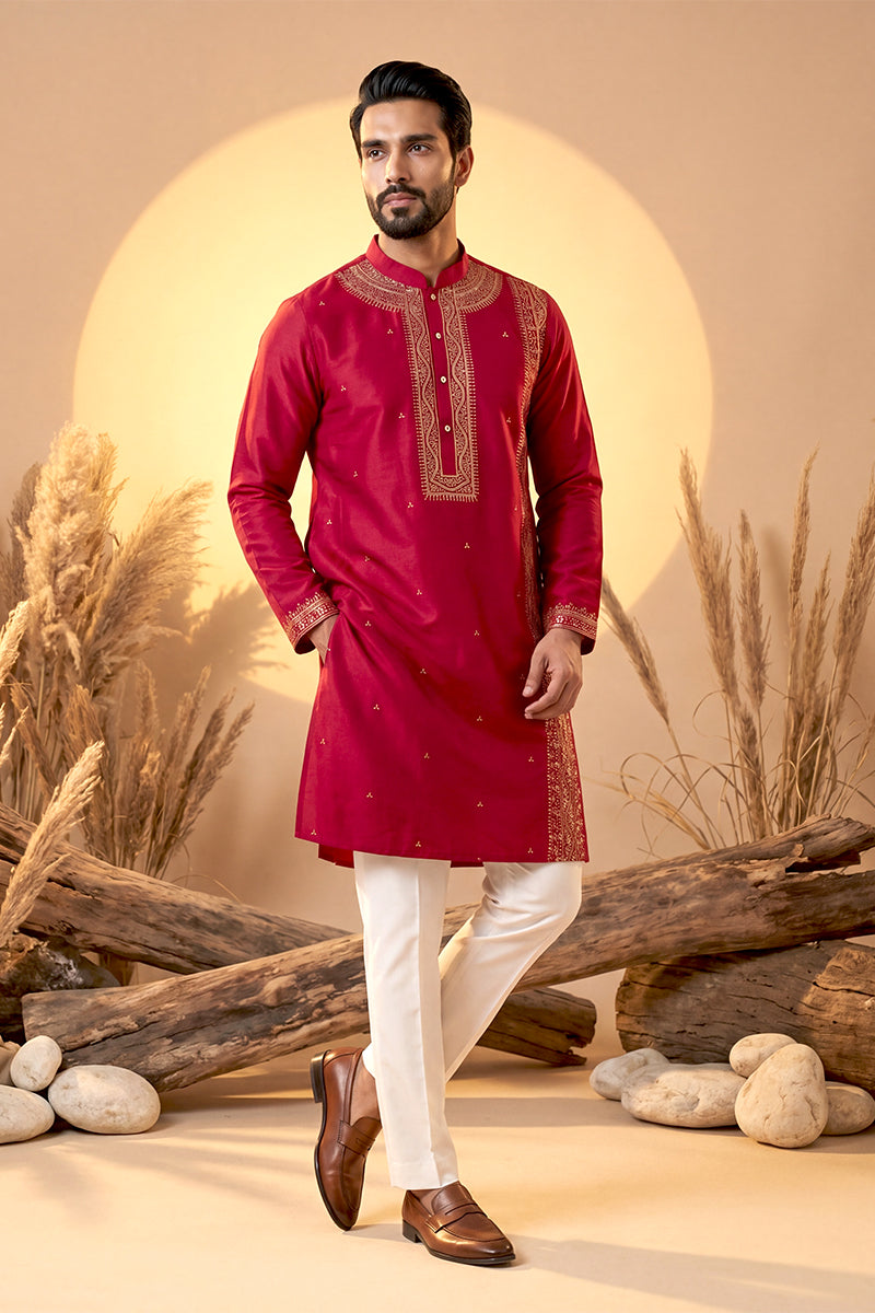 Pink Silk Blend Solid Emboidered Straight Kurta With Trouser MKSET2315