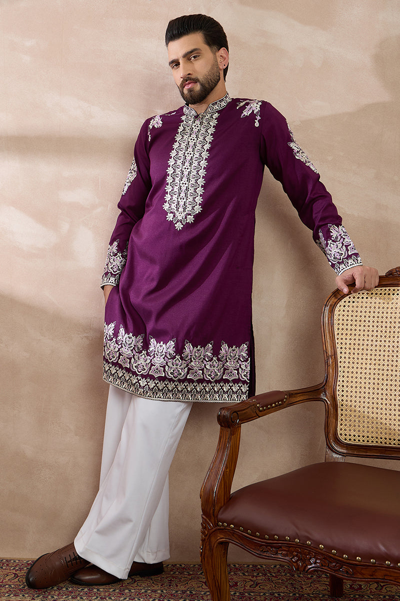Purple Silk Blend Embroidered Mandarin Collar Straight Kurta With Trouser MKSET2018