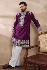 Purple Silk Blend Embroidered Mandarin Collar Straight Kurta With Trouser MKSET2018