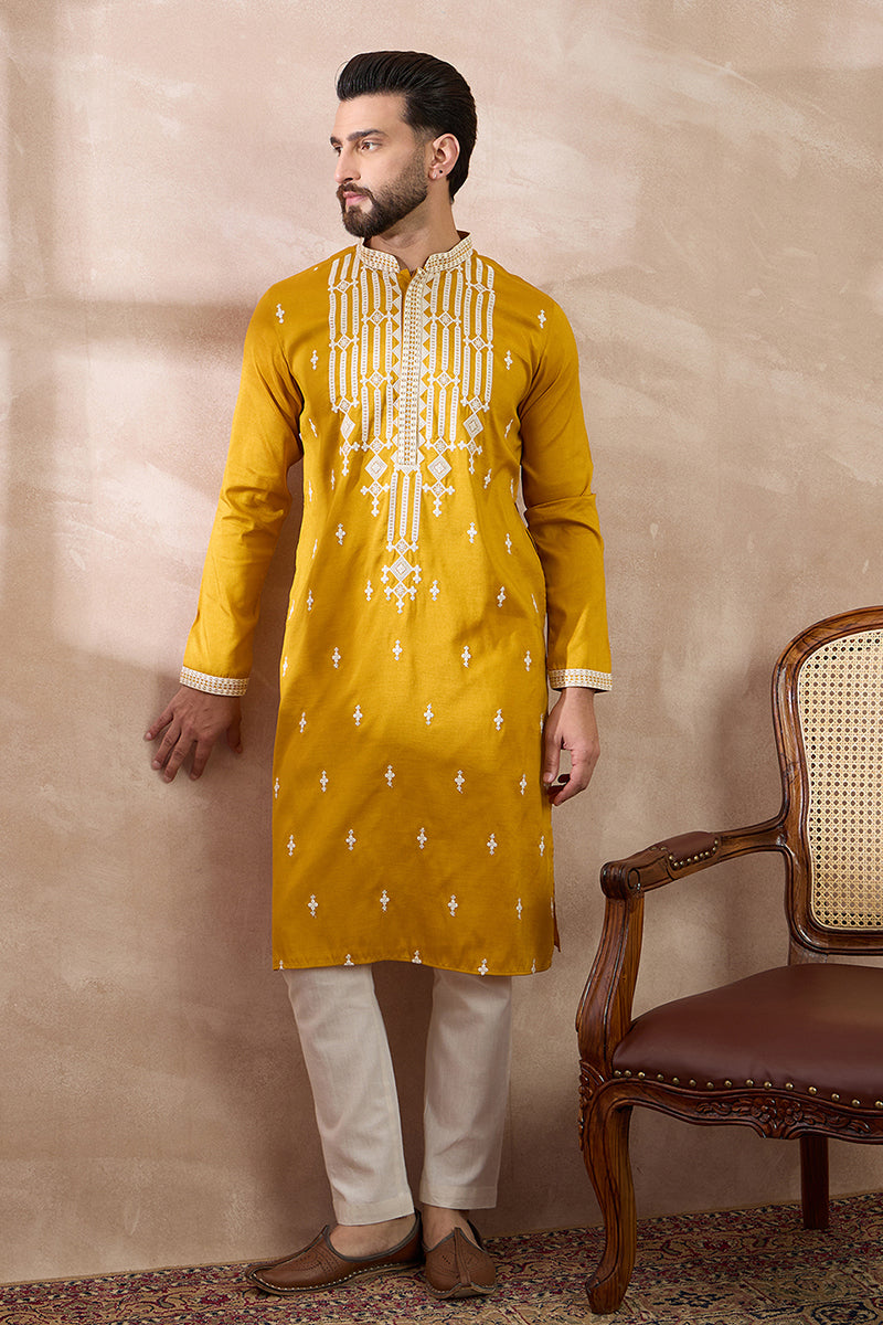 Yellow Silk Blend Embroidered Mandarin Collar Straight Kurta MKU1786