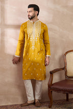 Yellow Silk Blend Embroidered Mandarin Collar Straight Kurta MKU1786