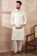 White Silk Blend Embroidered Mandarin Collar Straight Kurta With Trouser MKSET1891
