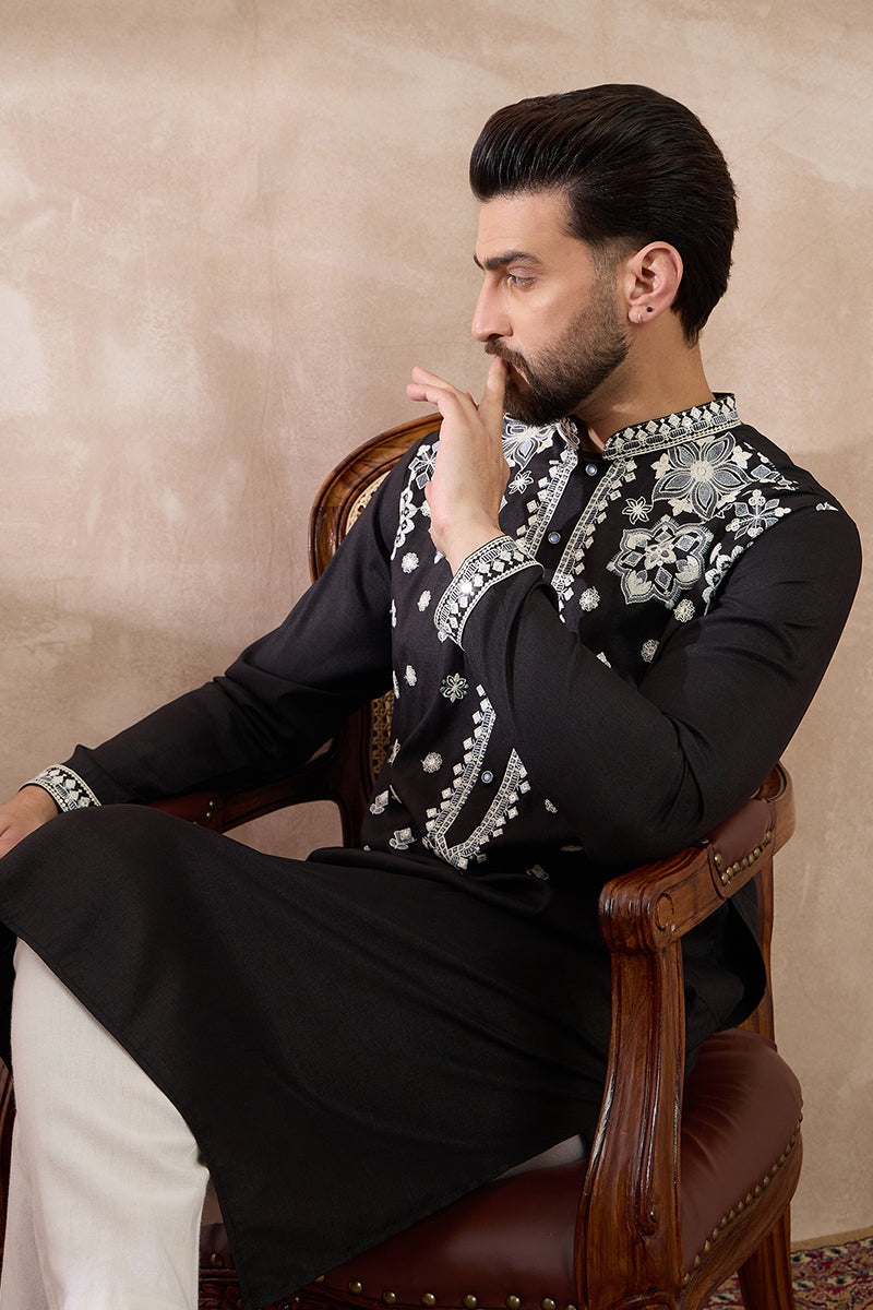 Black Silk Blend Embroidered Mandarin Collar Straight Kurta With Trouser MKSET1884