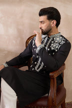Black Silk Blend Embroidered Mandarin Collar Straight Kurta With Trouser MKSET1884