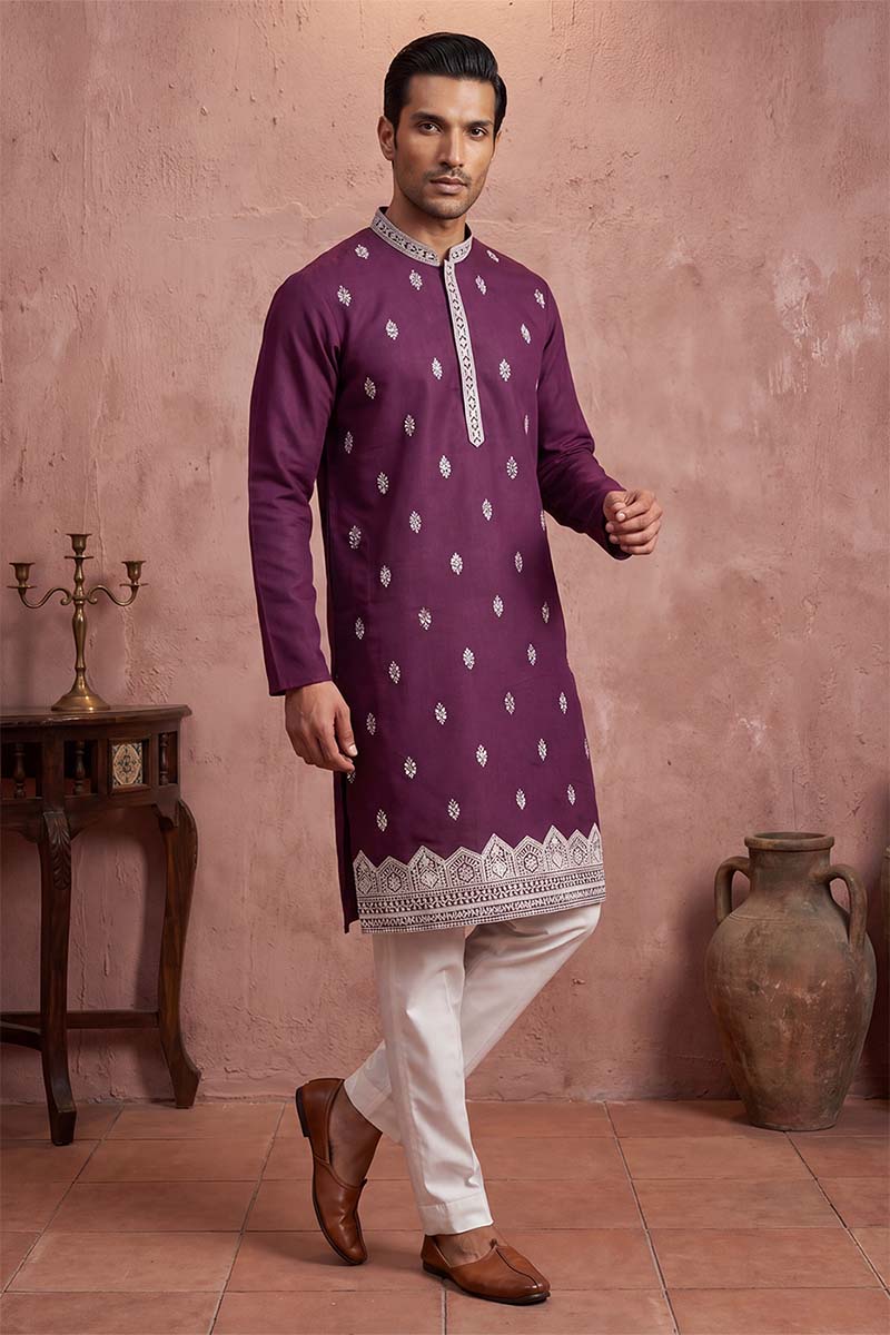 Silk Blend Purple Solid Embroidered Calf Length Straight Kurta With Trousers MKSET2272