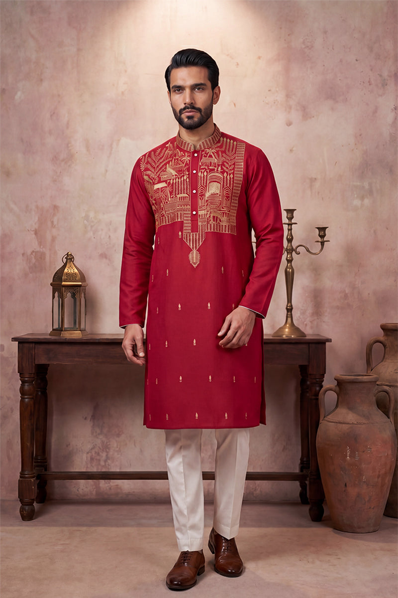 Red Silk Blend Solid Emboidered Straight Kurta With Trouser MKSET2375