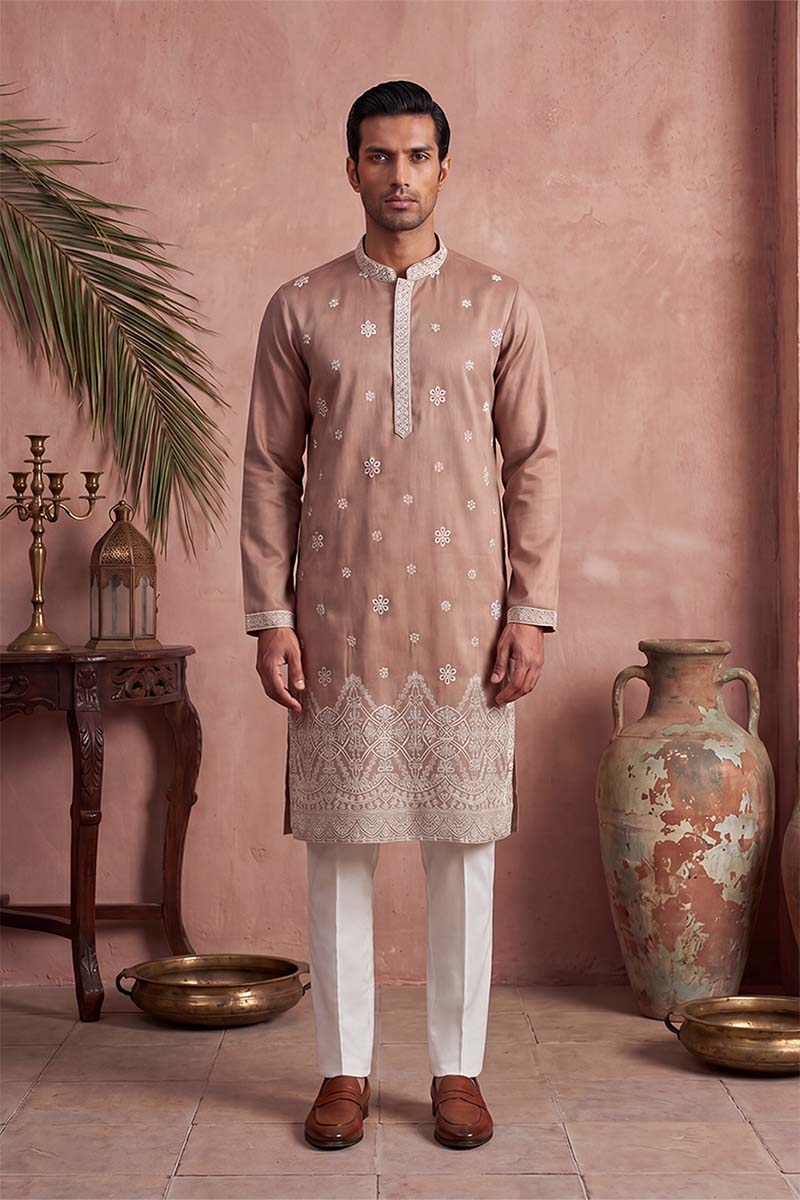 Pink Silk Blend Solid Embroidered Kurta With Trousers MKSET2173