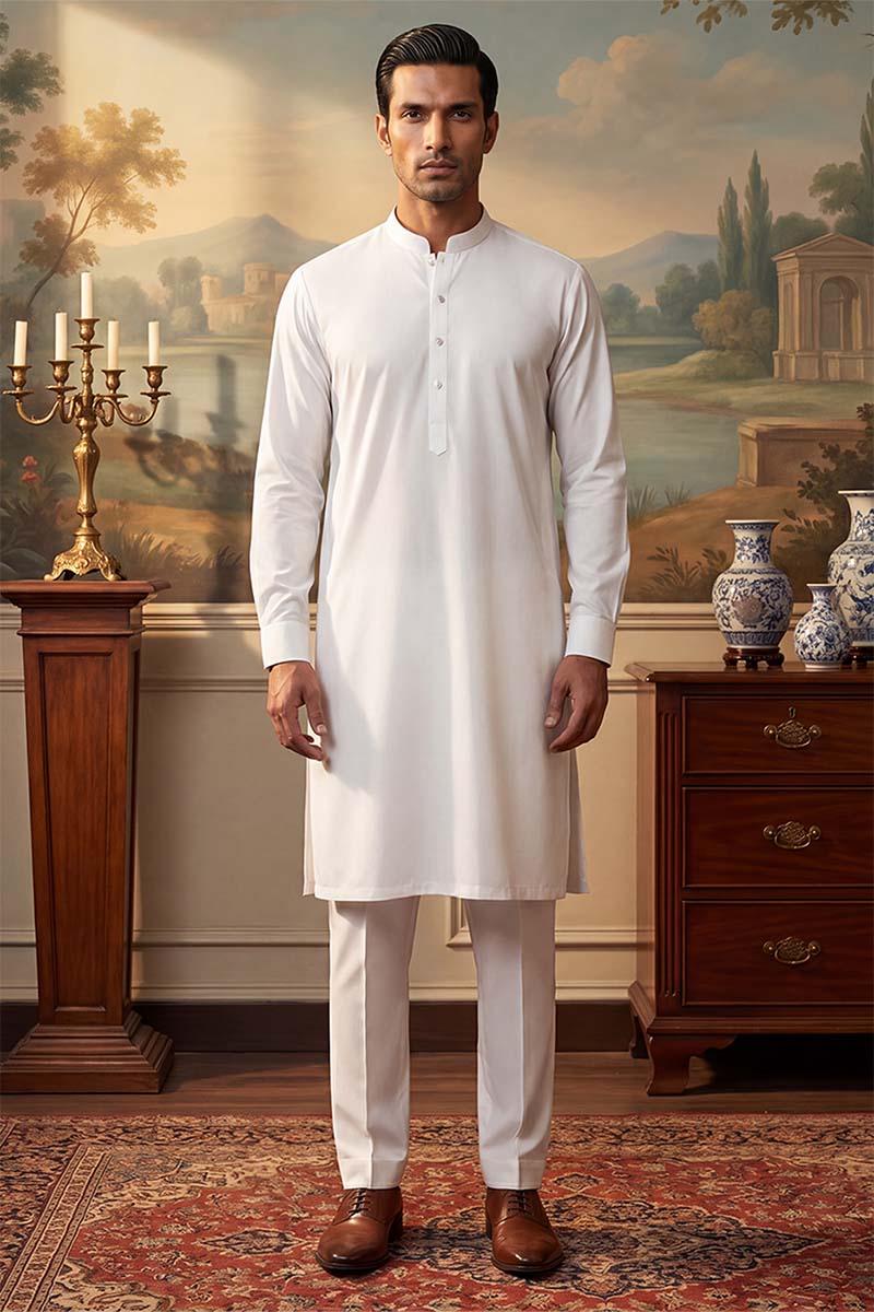 White Silk Blend Solid Solid Kurta With Trousers MKSET2220