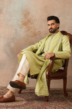 Green Jacquard Woven Design Floral Straight Kurta with Dupatta MKUD1018