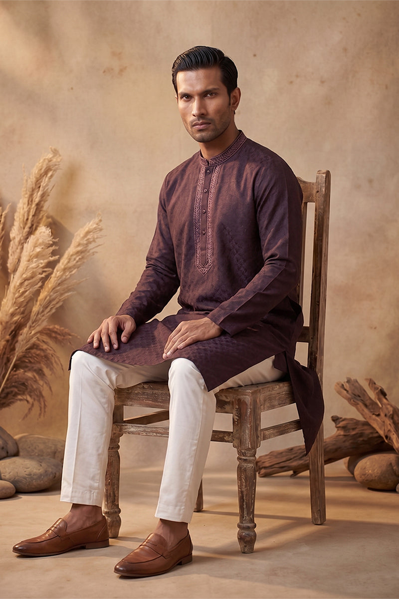 Purple Silk Blend Woven Design Straight Kurta With Trouser MKSET1835