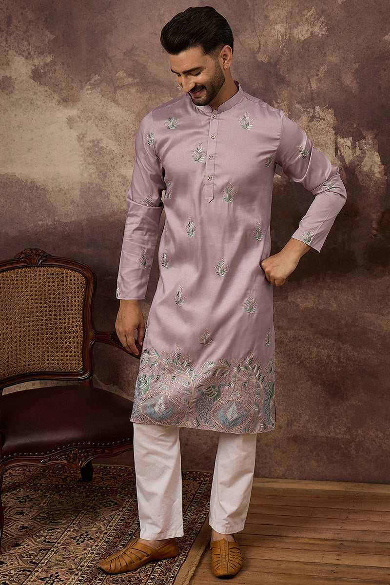 Lavender Silk Blend Solid Embroidered Straight Kurta MKU1349