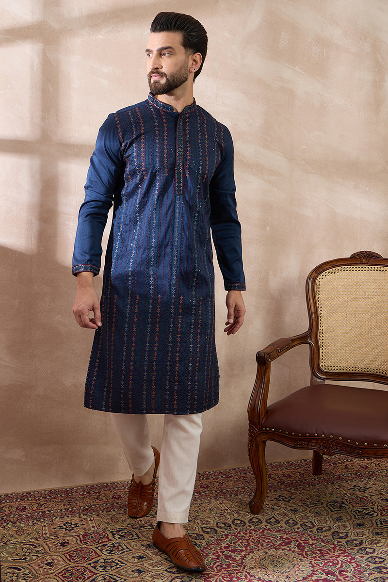 Navy Blue Silk Blend Embroidered Indian Wear for Men MKSET2040 | DesiQ