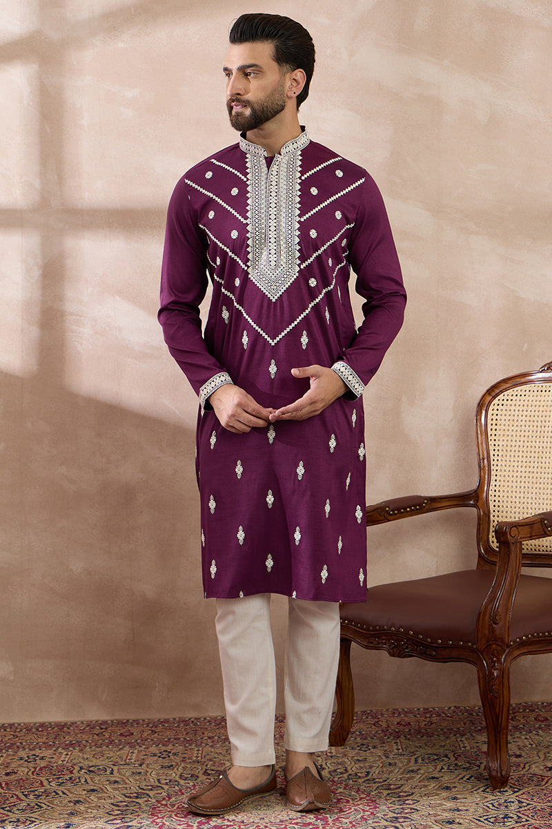 Purple Silk Blend Embroidered Indian Wear for Men MKSET1789 | DesiQlo