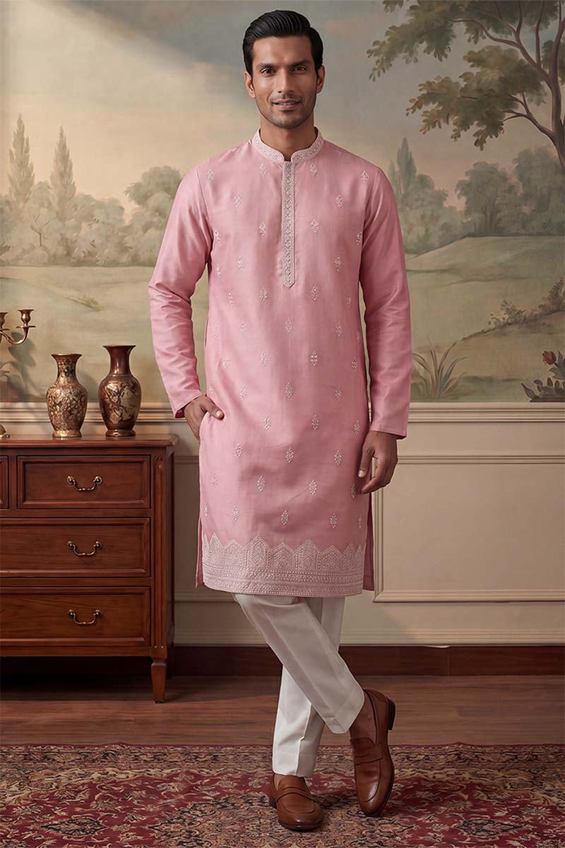 Silk Blend Pink Solid Embroidered Calf Length Straight Kurta With Trousers MKSET2271