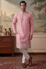 Silk Blend Pink Solid Embroidered Calf Length Straight Kurta With Trousers MKSET2271