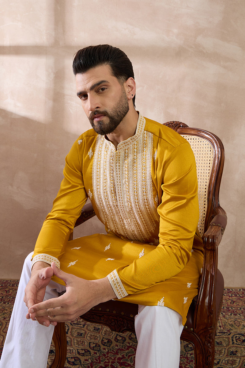 Yellow Silk Blend Embroidered Mandarin Collar Straight Kurta MKU1794