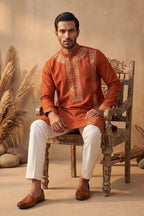 Orange Silk Blend Solid Emboidered Straight Kurta MKU2371
