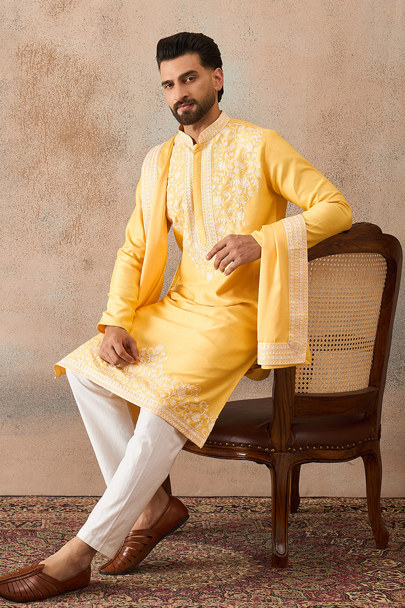 Yellow Silk Blend Floral Indian Wear for Men MKPD1037 | DesiQlo